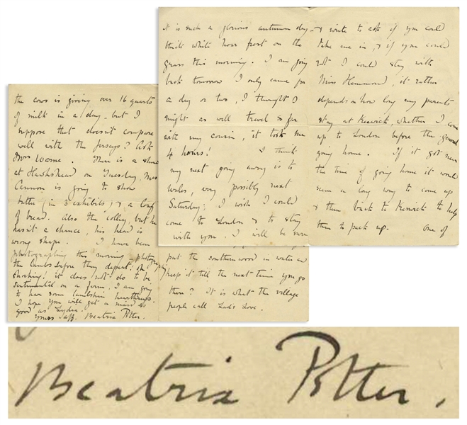 Beatrix Potter 1907 Autograph Letter Signed as ''Beatrix Potter'' -- ''...I have been photographing...the lambs before they depart. Oh shocking! It does not do to be sentimental on a farm...''